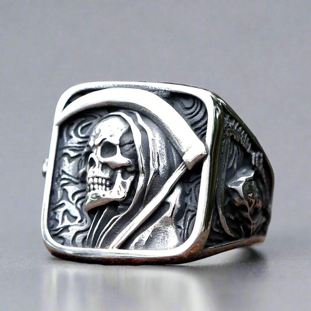 grim reaper silver skull ring