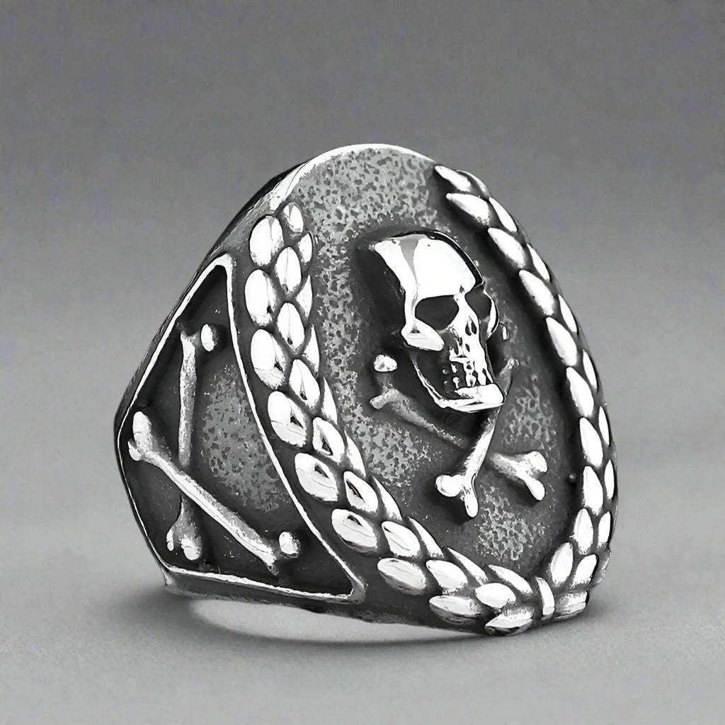 Skull and crossbones silver mens skull ring