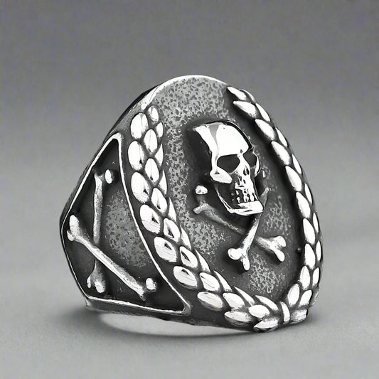 Skull and crossbones silver mens skull ring