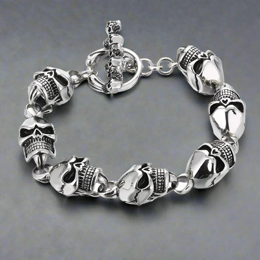 Stainless steel chunky fine silver skull bracelet with detailed t bar clasp