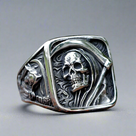Steel Grim Reaper Skull Ring – Gothic Skull Jewelry for Tattoo & Alt Style