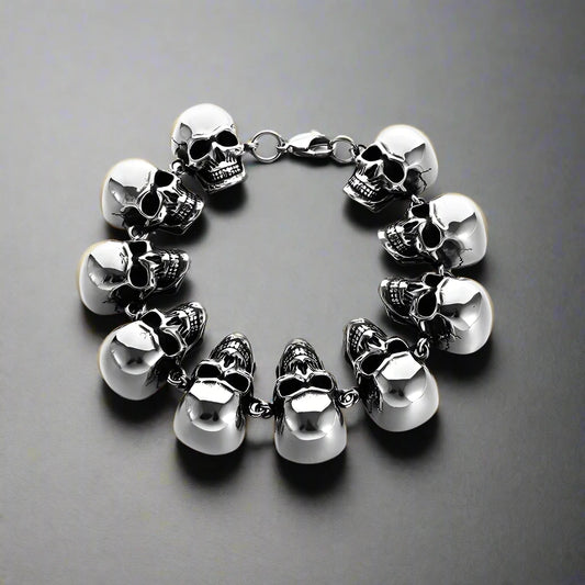 Punk inspired silver skull bracelet laced in shiny silver skulls